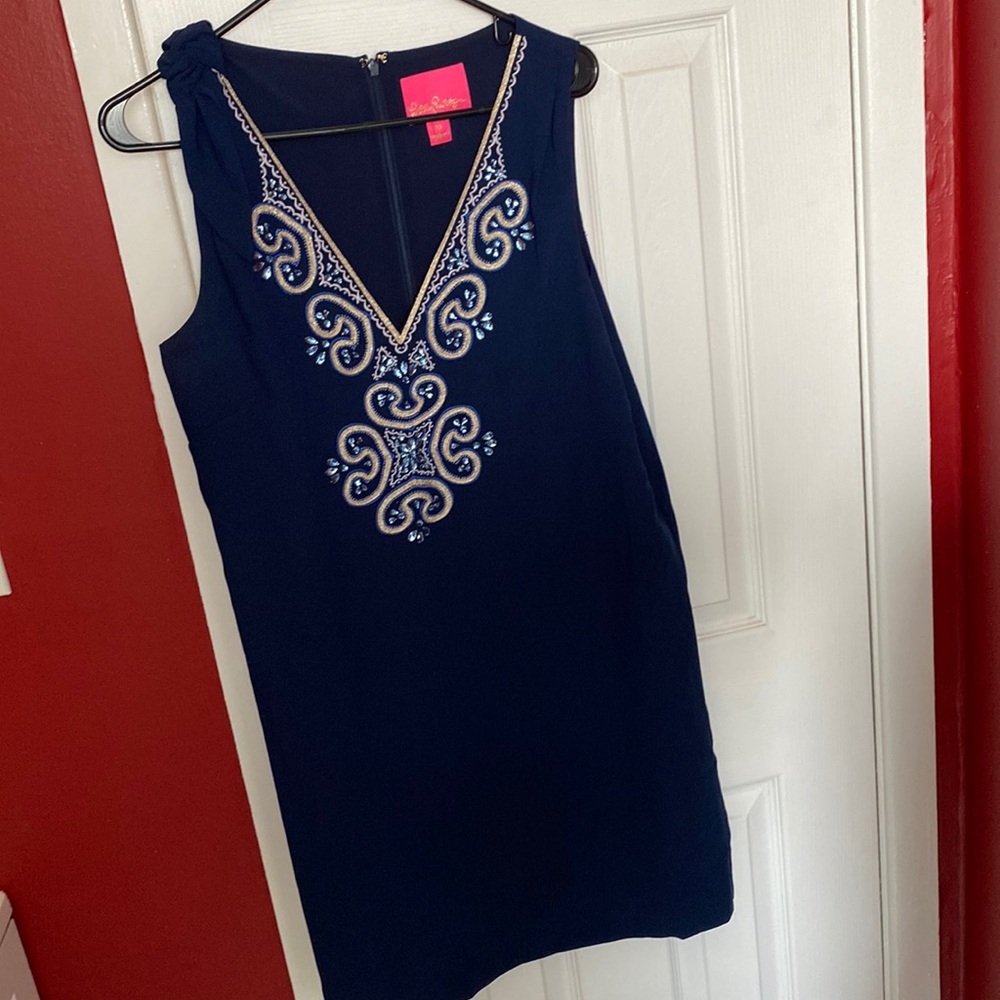 Lilly Pulitzer Navy Dress With Shoulder Bow Accent